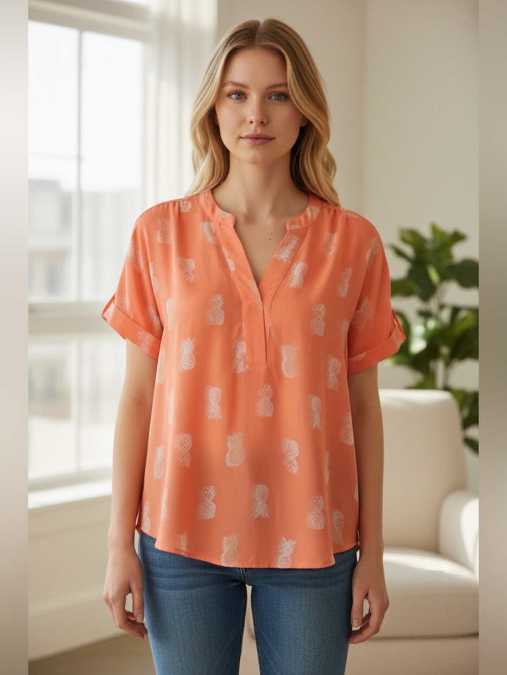 Apt. 9 Coral Pineapple Print Blouse